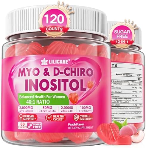 Myo-Inositol & D-Chiro Inositol Gummies 2000mg + 50mg Ideal 40:1 Ratio with Choline, Magnesium, and Vitamin D3 for Overall Health and Wellness, Vegan, GelatinFree, Sugar Free, 120 Counts Lilicare