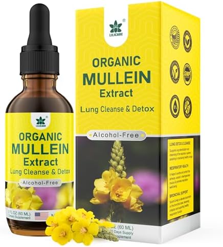 Mullein Drops for Lung 800 mg, Lung Detox, Natural Lung Cleanse Formula with Marshmallow, Elderberry, Oilve Leaf for Respiratory Health, Alcohol Free Mullein Tincture, NO Sugar, 2 fl oz Lilicare