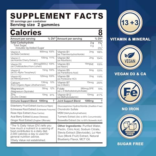 Sugar Free Methylated Multivitamin for Men & Women 50 Plus with Glucosamine Chondroitin MSM, Iron Free Gummies for Senior with Multi Vitamin D3 K2 & A C E, B Complex, Algae Calcium Magnesium - 60Cts Lilicare