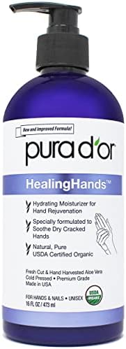 PURA D'OR HealingHands Organic Aloe Vera Gel For Dry Cracked Hands - Moisturizing Skin Advanced Healing Lotion - With Aloe Vera, Vitamin E & Ylang Ylang Oil, For Men & Women, 16oz Pura D'Or