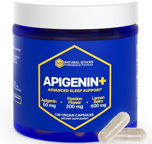 NATURAL STACKS Apigenin Supplement for Sleep - 50mg Apigenin & 600mg Lemon Balm - Melatonin Free Sleep Aid - with Passion Flower Extract for Stress Relief - 120 Lemon Balm Capsules Natural Stacks