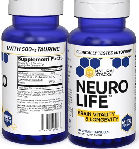 NeuroLife Longevity Supplement - 500mg Taurine & 400mg Berberine Supplement - Clinically Tested MitoPrime L-Ergothioneine - Brain Support for Cognitive Vitality - 60 Berberine Capsules Natural Stacks