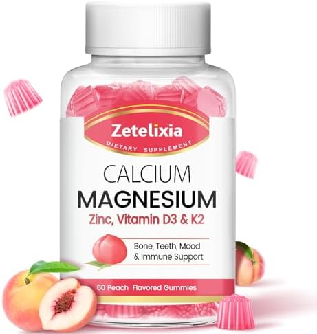 Calcium Magnesium Zinc Gummies for Adults & Kids,1000mg Sugar Free Calcium Citrate Supplement,High Absorption Magnesium Glycinate Gummies with Vitamin D3 & K2 - Bone & Muscle & Immune Health(60 Count) Zetelixia