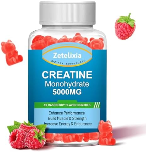 Creatine Monohydrate Gummies 5g for Men & Women, Chewables Creatine Monohydrate for Muscle Strength & Muscle Builder, Vitamin B12 for Energy Support, Non-GMO, Blueberry Flavor, 60 Count Zetelixia