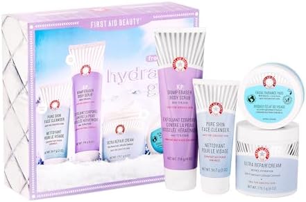 First Aid Beauty - Hydrated Glow Kit: KP Bump Eraser Body Scrub, 4 oz, Facial Radiance Pads, 28 Pads, Pure Skin Face Cleanser, 2 oz, & Ultra Repair Cream, 6oz, Hydration and Exfoliation Treatment, 4ct First Aid Beauty