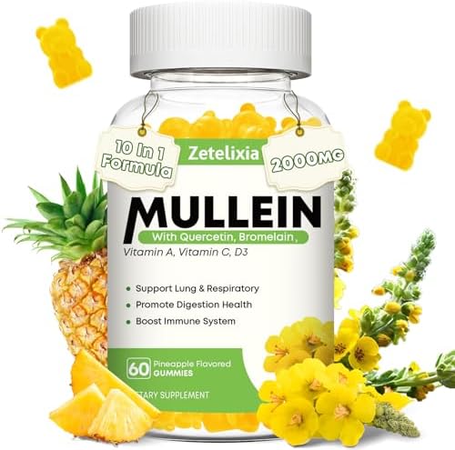 10 in 1 Mullein Gummies for Clear Lungs, Mullein Leaf Extract for Lungs Gummies, Mullein & Quercetin Gummies for Lung Cleanse, Respiratory, Immunity, Mango Flavor, 60 Count Zetelixia