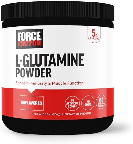 FORCE FACTOR L-Glutamine Powder for Post Workout Recovery, Muscle Recovery, Healthy Muscle Function, and Immunity, 5000mg/5g Glutamine Supplement, Vegan, Non-GMO, 60 Servings Force Factor