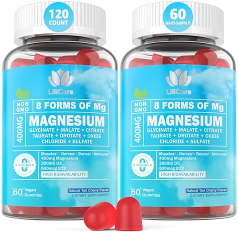 Sugar Free Magnesium Gummies for Adults 400mg - 8 Forms of Magnesium, Glycinate, Citrate, Malate & More - Magnesium Complex Supplement with Ashwagandha, Vitamin D3, B12 for Calm, Relax, Vegan Lilicare