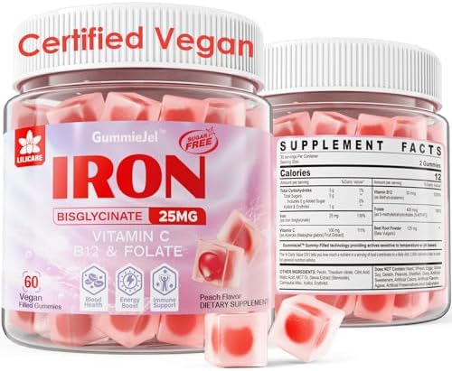 Vegan Iron Supplement for Women 25mg, Sugar Free Iron Gummies with Vitamin C, Methy B12, Folate for Energy Boost, Anemia, Iron Deficiency, Non-Constipating, No After Taste, Peach Flavor, 60 Counts Lilicare