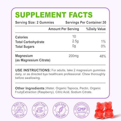 Magnesium Citrate Gummies, High Absorption Magnesium Gummies for Adults, Bone, Muscle & Teeth Support, 60 Vegan Natural Raspberry Gummies Zetelixia