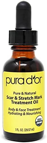 PURA D'OR Organic Scar & Stretch Mark Treatment Oil (1oz) For Skin - With Rosehip, Wheat Germ, Argan, Tamanu, Carrot, Rosemary, Lavender, Geranium, Patchouli, Sage Pura D'Or