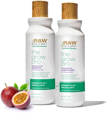 Raw Sugar Grow Pro Hair Care Bundle- Shampoo & Conditioner with Vegan Biotin for Anti-Thinning & Pro-Lengthening, Passion Fruit & Marula for Fuller Hair, Formulated without Sulfates + Parabens Raw Sugar