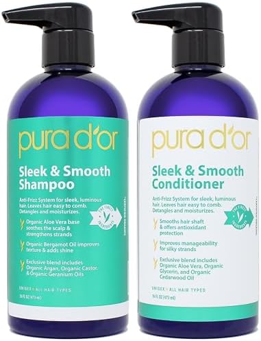 PURA D'OR Sleek & Smooth Shampoo and Conditioner Set For Frizz-Free & Silky Smooth Hair, Infused with Organic Aloe Vera, Argan Oil, Castor Oil, Bergamot Oil & Geranium Oil Pura D'Or