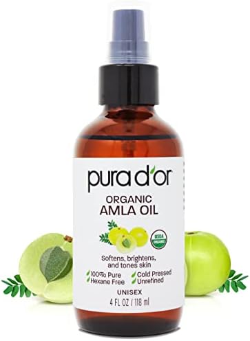 PURA D'OR 4 Oz ORGANIC Amla Oil, 100% Pure USDA Certified Premium Grade Oil, Cold Pressed, Unrefined, Extra Virgin, Indian Hair Care Oil, Hair Serum & Thickening Hair Product w/Pump for Women & Men Pura D'Or