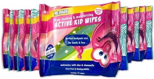 Mr. Bubble Moisturizing Kids Gentle Face and Hand Wipes, Travel Size Biodegradable Deep Cleaning Towelettes Made with Hydrating Aloe Vera and Chamomile (Pack of 12 Pouches, 15 Wipes Each) Mr. Bubble