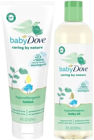 Dove Baby Oil & Baby Lotion, Caring by Nature – Hypoallergenic Oil & Lotion, Nourishing Moringa Oil & Vitamin E Oil for Skin, Fragrance Free, 8 Oz Ea (2 Piece Set) Dove