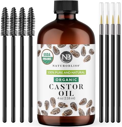 NaturoBliss Organic Castor Oil 100% Pure and Natural - Premium Grade Oil for Hair Growth, Eyelashes and Eyebrows - Carrier Oil - Hair and Body Oil - Expeller-Pressed and Hexane-Free (4 Fl Oz) NaturoBliss