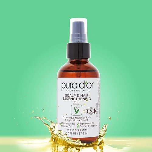 PURA D'OR 3.3 Oz Scalp & Hair Strengthening Oil - Supports Optimal Growth, Reduce Breakage, Nourish Roots for Healthier, Fuller, Thicker Hair - Rosemary, Castor & Peppermint Oil for Stronger Strands Pura D'Or