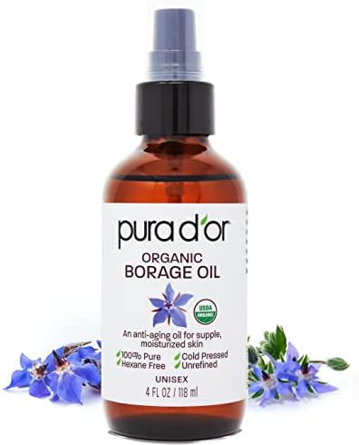 PURA D'OR Organic Borage Seed Oil (4oz / 118mL) 100% Pure USDA Certified Premium Grade Natural Moisturizer, Cold Pressed, Unrefined, Hexane-Free Base Carrier Oil for DIY Skin Care For Men & Women Pura D'Or