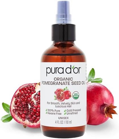 PURA D'OR 4 Oz Organic Pomegranate Oil - 100% Pure USDA Certified Premium Grade Cold Pressed Pomegranate Oil - Organic Body Oil For Hair, Face, & Skin - Hair Moisturizer Pure Cleansing Oil - Scar Oil Pura D'Or