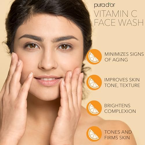 PURA D'OR 8 Oz Vitamin C Face Wash - Antioxidant Rich Brightening Facial Cleanser For Radiant Glow & Even Skin Tone - Gentle, Refreshing, Nurturing, Hydrating - Sulfate & Paraben Free - All Skin Types Pura D'Or