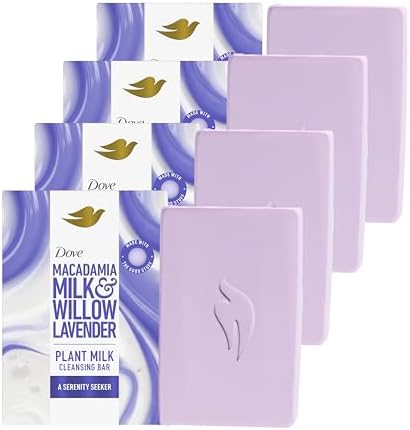 Dove Plant Milk Cleansing Bar Soap Macadamia Milk & Willow Lavender Serenity Seeker 4 Count for Moisturized Skin Gentle Cleanser, No Sulfate Cleansers or Parabens, 98% Biodegradable Formula 5 oz Dove