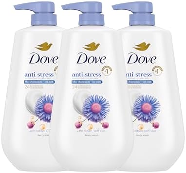 Dove Body Wash with Pump 3 Count Anti-Stress Blue Chamomile & Oat Milk, for 24hr Lotion-Soft Skin Moisturizing Skin Cleanser with No Sulfates No Parabens Dove