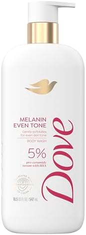 Dove Exfoliating Body Wash Melanin Even Tone Promotes Even Skin Tone 5% pro-ceramide serum with BHA 18.5 oz Dove