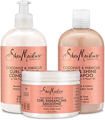 SheaMoisture Curl & Shine Shampoo, Conditioner, 13 Oz Ea + Curl Enhancing Smoothie, 12 Oz – Coconut & Hibiscus Premium Gift Set (3 Piece Set) SheaMoisture