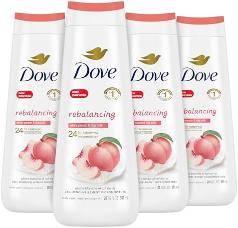 Dove Body Wash Rebalancing White Peach & Rice Milk, 4 Count for Renewed, Healthy Looking Skin, Moisturizing Gentle Skin Cleanser with 24hr Renewing MicroMoisture, 20 oz Dove