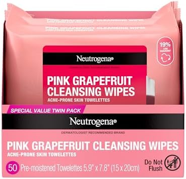 Neutrogena Makeup Remover Wipes, Facial Cleansing Wipes Suitable for Oily & Acne Prone Skin, Wipes Away Bacteria, Dirt & Oil, Scented Facial Wipes with Pink Grapefruit Extract, 50 Count Neutrogena