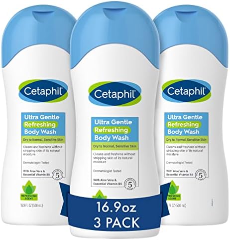 Cetaphil Ultra Gentle Refreshing Body Wash, Refreshing Scent For Dry to Normal, Sensitive Skin, 16.9oz Pack of 3, with Aloe Vera, Calendula, Vitamin B5, Hypoallergenic, Dermatologist Tested Cetaphil