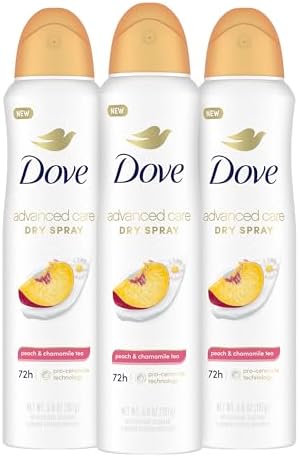 Dove Advanced Care Antiperspirant Deodorant Dry Spray Peach & Chamomile Tea 3ct underarm care boosts skin's ceramide levels 72hour odor control &all-day sweat protection ProCeramide technology 3.8 oz Dove