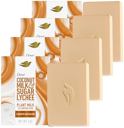 Dove Plant Milk Cleansing Bar Soap Coconut Milk & Sugar Lychee Smooth Revitalizer 4 Count for Moisturized Skin Gentle Cleanser, No Sulfate Cleansers or Parabens, 98% Biodegradable Formula 5 oz Dove