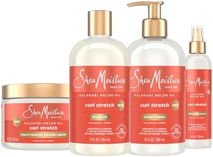 SheaMoisture Curl Stretch Shampoo, Conditioner, Volume Cream, and Refresher Spray with Kalahari Melon Oil and Hyaluronic Serum - Hydrates, Repairs Breakage, Detangles, Minimizes Shrinkage, 4 Pack SheaMoisture