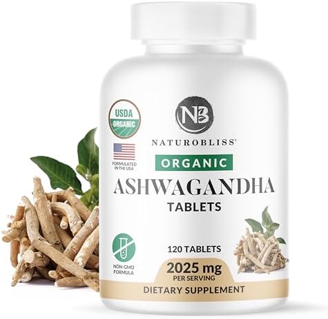 NaturoBliss Ashwagandha Supplements, 2025mg, 120 Tablets, Herbal Dietary Supplement, Vegetarian, Non-GMO, Gluten Free, with Black Pepper NaturoBliss