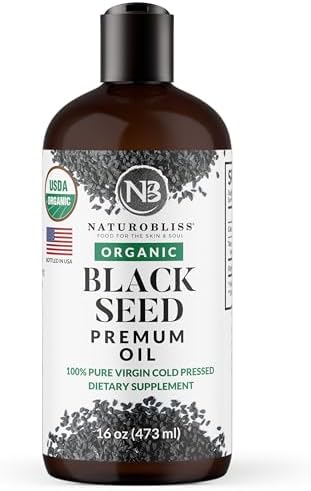 NaturoBliss Organic Black Seed Oil 100% Virgin Cold Pressed Omega 3 6 9 Super Antioxidant for Immune Support, Joints, Mobility, Digestion, Hair Skin Vegan, Gluten-Free, Non-GMO USDA Certified 4oz NaturoBliss