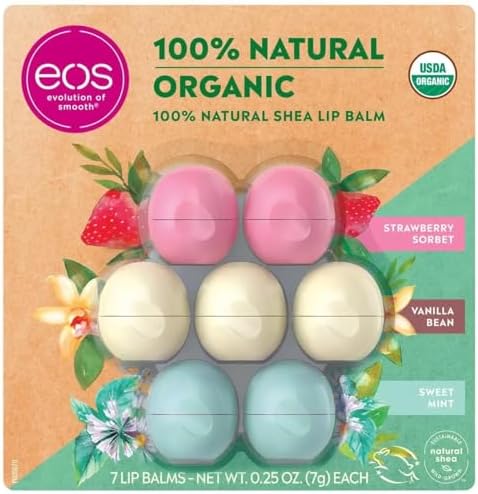 Eos Evolution of Smooth Lip Balm 100% Natural Organic Lip Care Gift 7-Pack ~ 2 Chamomile, 3 Vanilla Bean & 2 Strawberry Sorbet eos