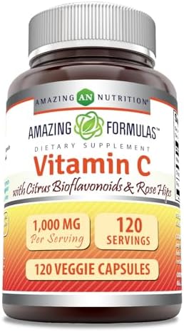 Amazing Formulas Vitamin C (Ascorbic Acid) 1000 Mg with Rose HIPS & Citrus Bioflavonoids | Veggie Capsules Supplement | Non-GMO | Gluten Free | Made in USA (120 Count) Amazing Nutrition