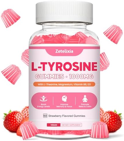 L Tyrosine Gummies, L-Tyrosine Supplement Gummies, L-Theanine Gummies with Vitamin B6 D3, Focus Gummies Support Brain, Memory, Energy, Mood for Adult & Kids, Strawberry Flavor, 60 Count Zetelixia