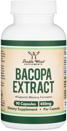 Bacopa Monnieri Capsules 20% Bacosides 450mg, 90 Count (Non-GMO, Gluten Free) Brahmi Extract (Memory Supplement for Brain Health, Focus, and Cognitive Function) by Double Wood Double Wood Supplements