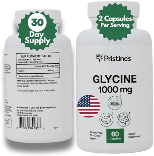 PRISTINE'S Old Label Glycine 1000MG Amino Acid Supplement Sleep Support Capsules - 30 Day Supply - Muscle Recovery, Kidney Health & Collagen Formation Production Support Pristine'S