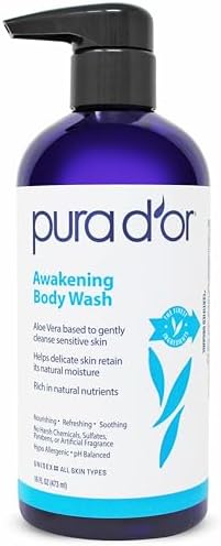 PURA D'OR Awakening Body Wash (16oz) with Aloe Vera, Chamomile, Lavender, Tea Tree and Natural Nutrients - pH Balanced for Moisturized Soft, Fresh-Feeling Skin, All Skin Types, Men & Women Pura D'Or