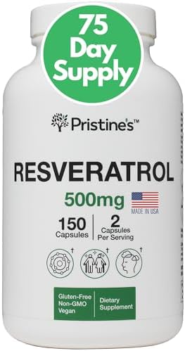 PRISTINE'S Resveratrol 500MG 75 Day Supply Anti Aging Antioxidant & Heart Health Supplement Capsules - Brain & Lung Health Benefits Pristine'S