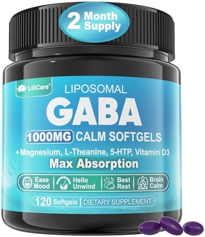 GABA Supplement - 1000 mg Liposomal Form for Optimal Absorption,GABA with L-Theanine, Magnesium Glycinate, 5HTP, Vitamin D3 for Brain Calm, Mood, Zzz Better - Melatonin-Free 120 Softgels. Lilicare