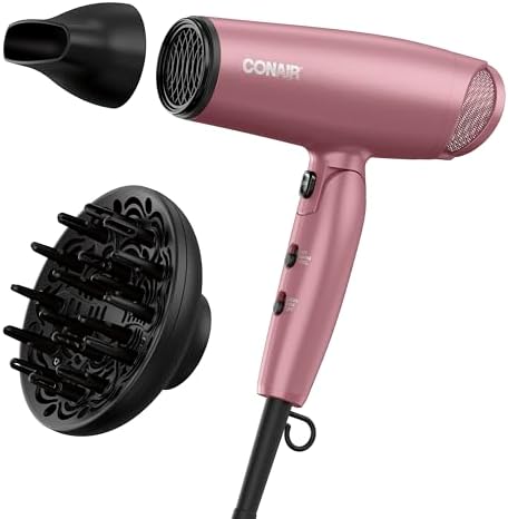 Conair Hair Dryer with Diffuser and Folding Handle, Travel Friendly Hair Dryer, Radiance Boost Blow Dryer for Less Frizz, More Shine, and Irresistibly Silky Hair, Includes Diffuser and Concentrator Conair