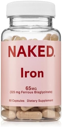 Naked Iron 65mg, 325mg Ferrous Bisglycinate - High Potency Iron Supplement for Iron Deficiency, Cellular Energy Support, Promotes Healthy Red Blood Cell Production, Non-GMO, Gluten-Free, 60 Capsules Naked Nutrition