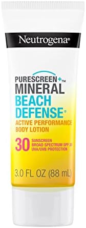 Neutrogena Purescreen+ Mineral Beach Defense Active Performance Body Lotion Sunscreen with Broad Spectrum SPF 30, Quick Drying and Water-Resistant 80 Minutes UVA/UVB Protection, 3.0 fl. oz Neutrogena