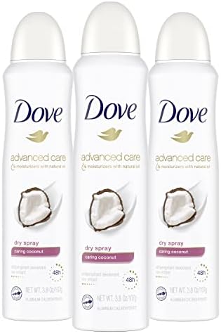 Dove Advanced Care Dry Spray Antiperspirant Deodorant Caring Coconut 3 Count For Women With 48 Hour Protection Soft And Comfortable Underarms 3.8 oz Unilever