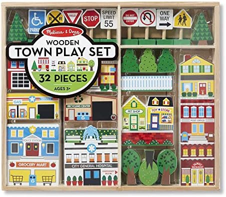 Melissa & Doug Wooden Town Play Set With Storage Tray (32 pcs) Pretend Play Wooden Town Set For Kids With Storage Melissa & Doug